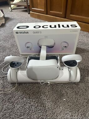 Oculus Quest 2 VR Headset with White Controllers and charging dock